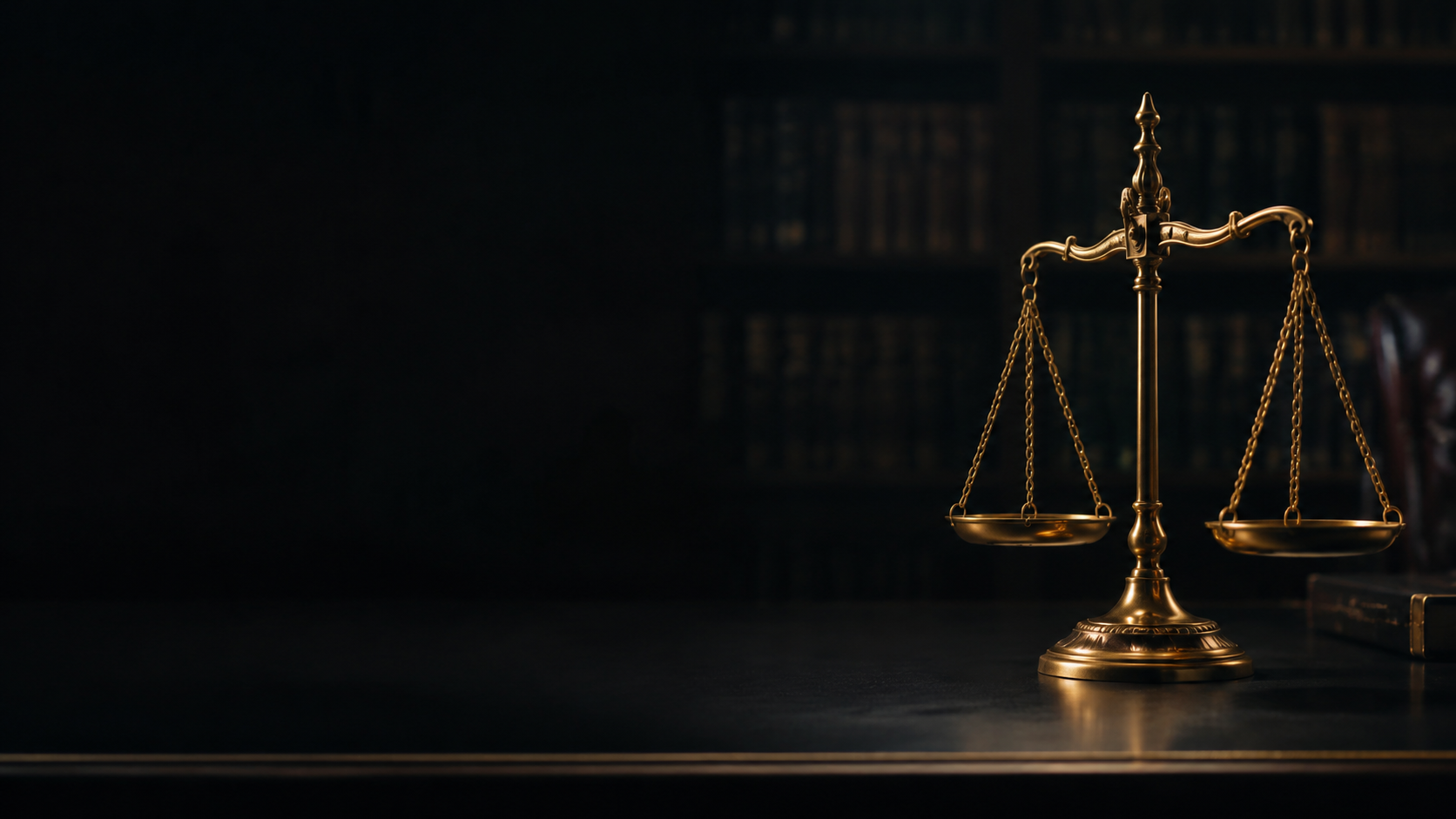 Balança da Justiça em ambiente jurídico escuro